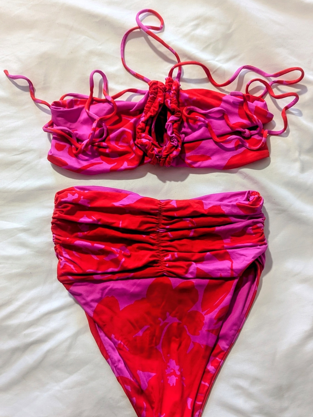 Magda Butrym Pink & Red Floral Ruched Bandeau Bikini Set